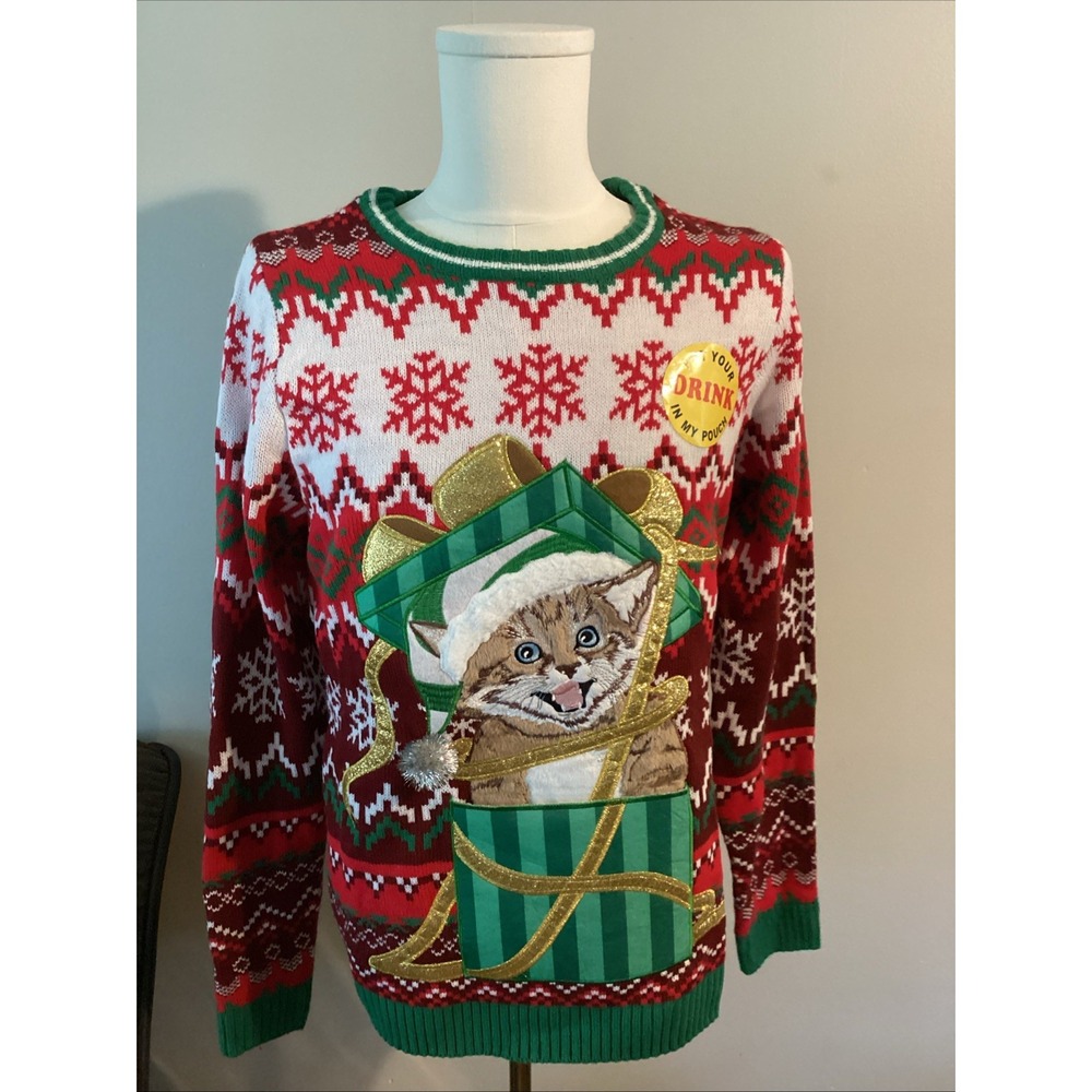 Holiday Time Cat Ugly Christmas Sweater Drink Pocket Pouch NWT Medium M 38-40